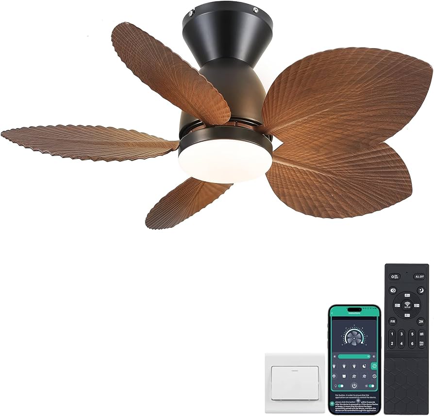 Kviflon Low Profile Ceiling Fans with Lights and Remote/APP Control, 30 Inch Small Tropical Ceiling Fan with Light Flush Mount, Outdoor Palm Leaf Ceiling Fans for Patios Porch, Quiet, Wood Grain