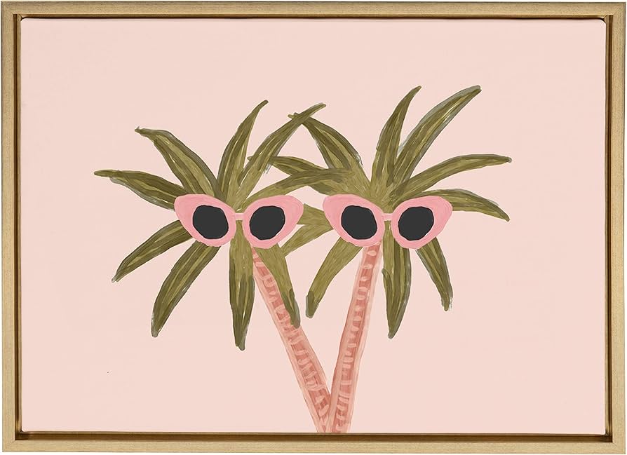 DesignOvation Sylvie Palm Trees and Sun Framed Canvas Wall Art by Kendra Dandy, 18x24 Gold, Coastal Wall-Mounted Home Decor