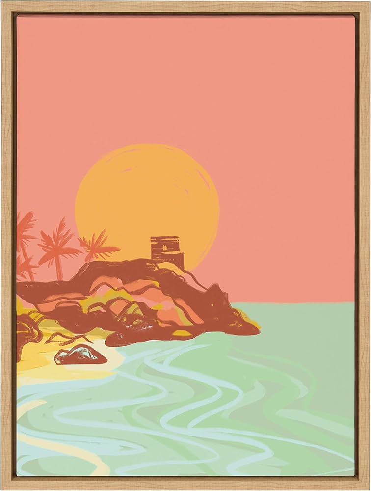 Kate and Laurel Sylvie Tulum Ruins Framed Canvas Wall Art by Kasey Free, 18x24 Natural, Beautiful Sunset Art for Wall
