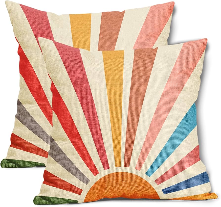 Boho Sun Sunshine Pillow Covers 16X16 Sunset Aesthetic Colorful Rainbow Decorative Linen Couch Pillow Cases with Zipper Set of 2 Farmhouse Rust Home Decor for Living Room Bedroom Bed Cushion Outdoor