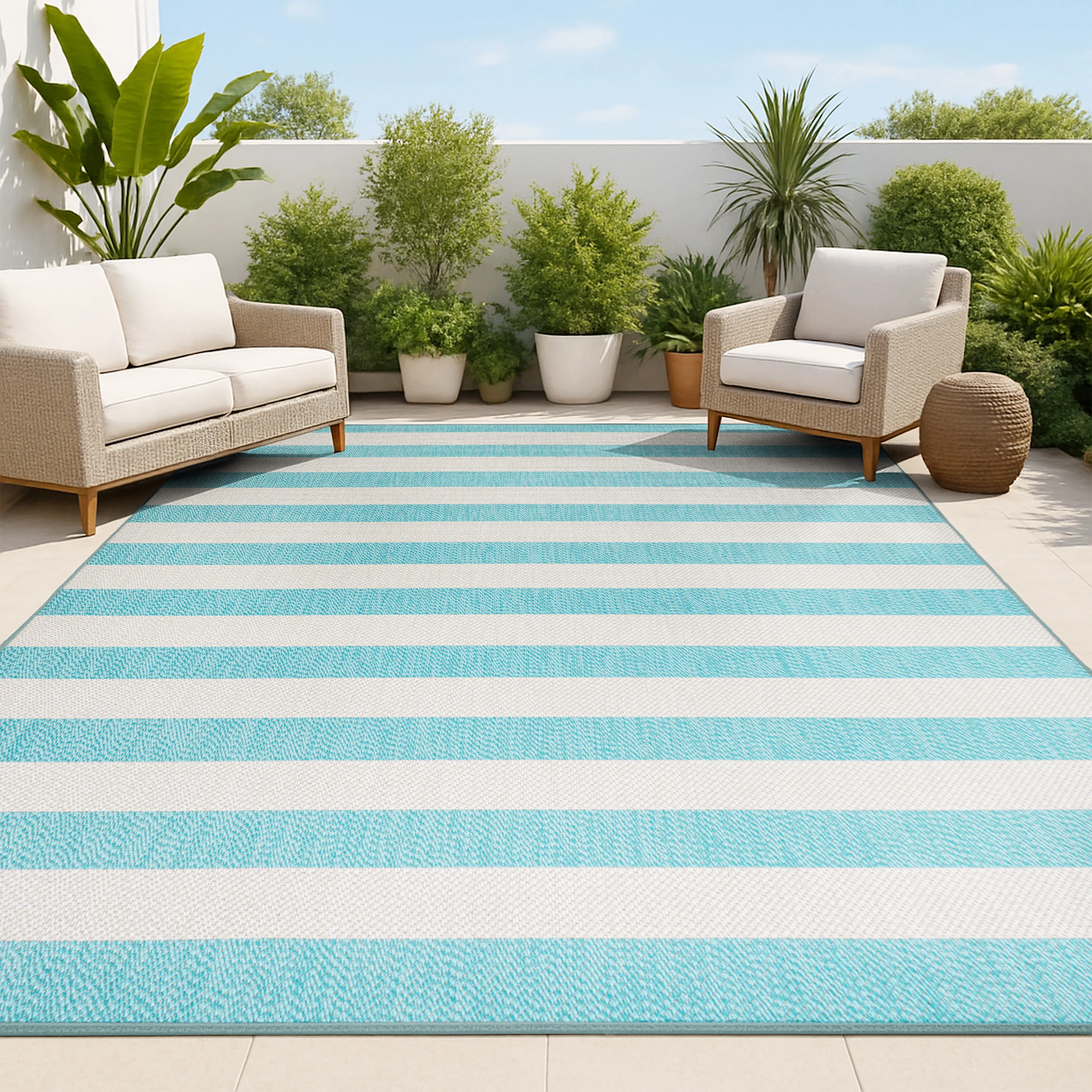 Claren Two-Tone Wide Stripe Aqua/Cream Indoor/Outdoor Rug