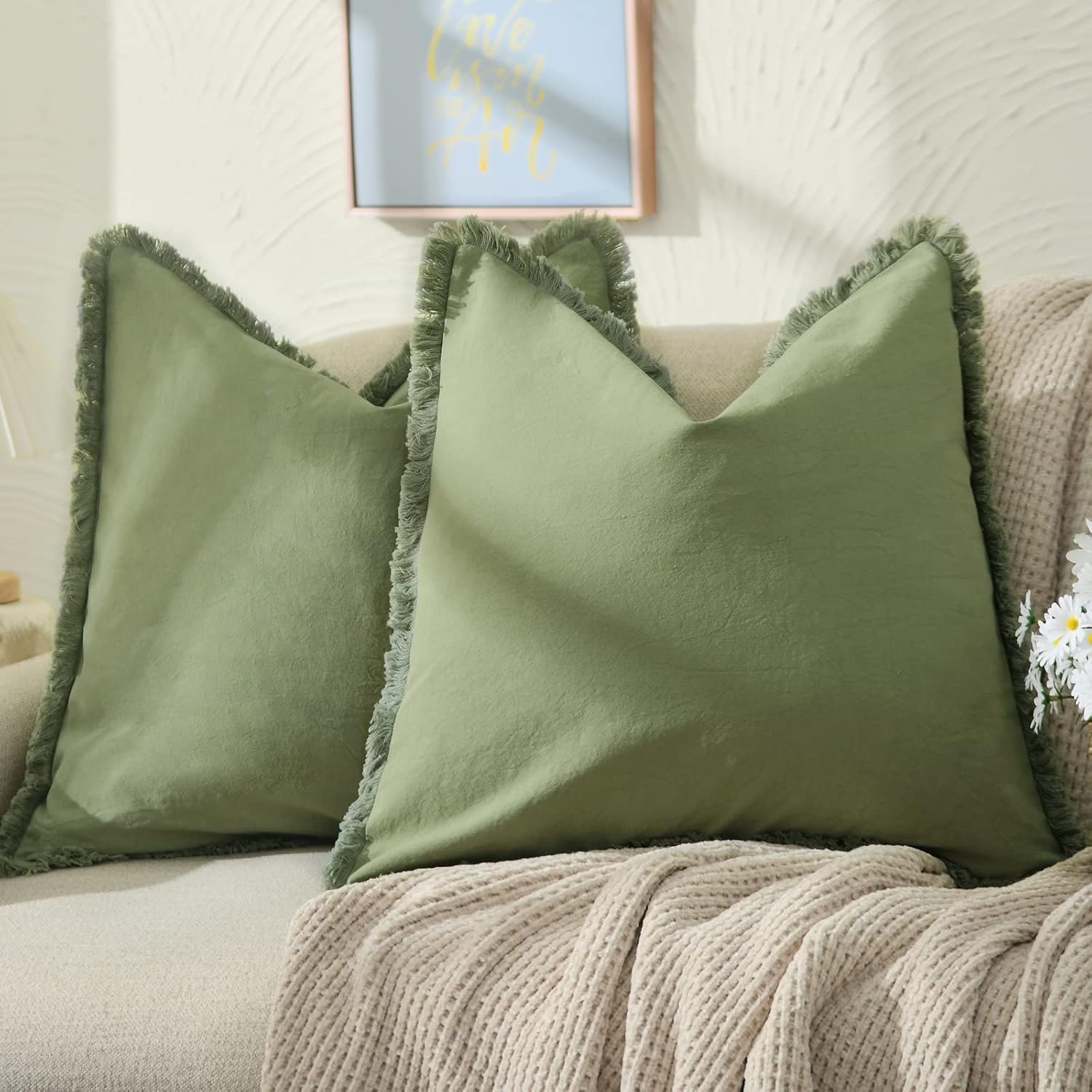 ZWJD Pillow Covers 24x24 Set of 2 Olive Green Throw Pillow Covers with Fringe Chic Cotton Decorative Pillows Square Cushion Covers for Sofa Couch Bed Living Room Farmhouse Boho Decor