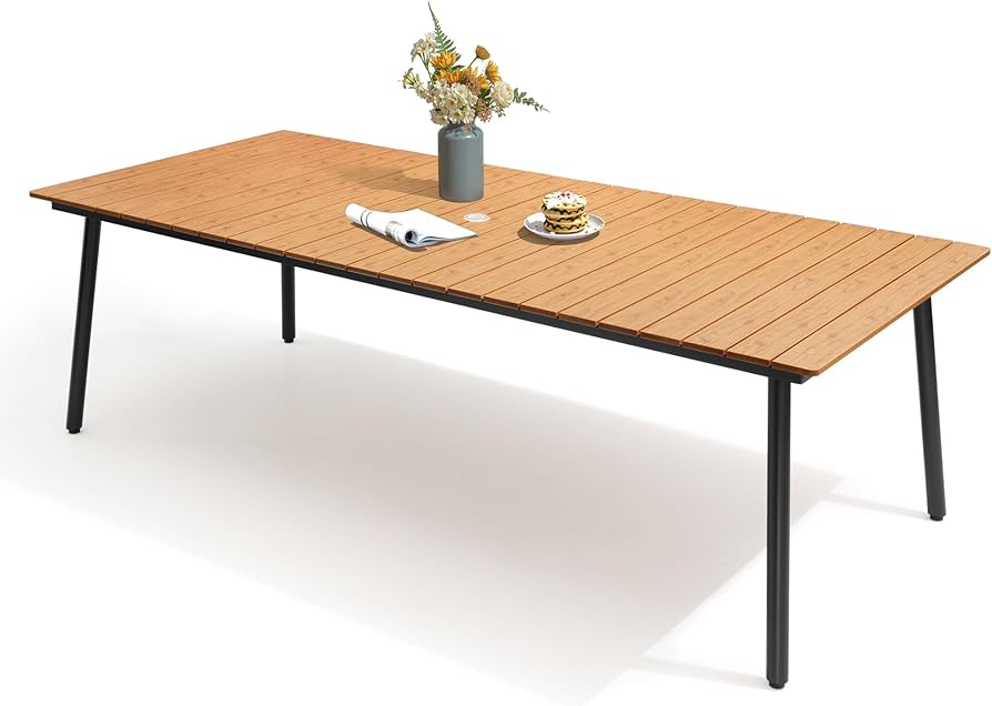 VredHom Outdoor Dining Table for 8-10, 94.5 inch Patio Dining Table with Wooden-Like Top and Aluminum Frame, Rectangular Table with Umbrella Hole Outdoor Furniture, Brown