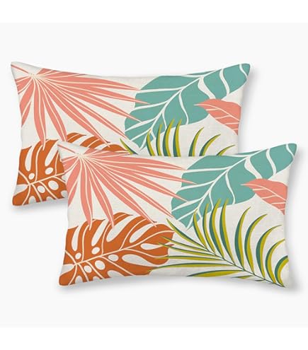 GOLIANDA Summer Tropical Pillow Covers 12x20 Set of 2, Monstera Palm Leaf Pillowcase Green Orange Botanical Coral Summer Throw Pillows Outdoor Decor Farmhouse Cushion Case Linen Decorative for Home