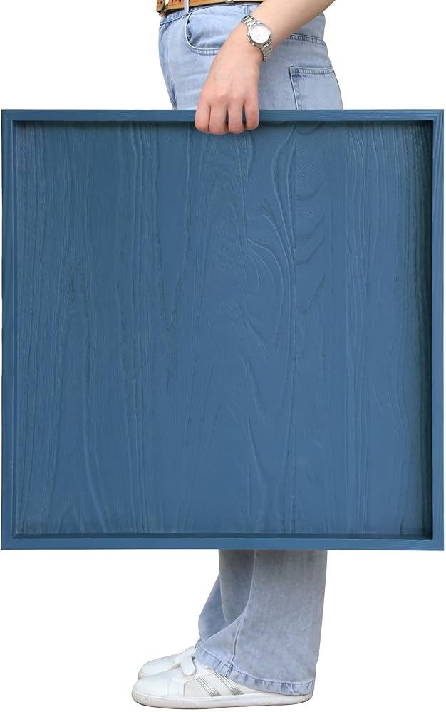 Gurfuy Square Ottoman Table Tray 24" - Rustic Wooden Serving Tray for Farmhouse Decorative Oversized Coffee Table Trays Living Room Kitchen Counter Breakfast Blue