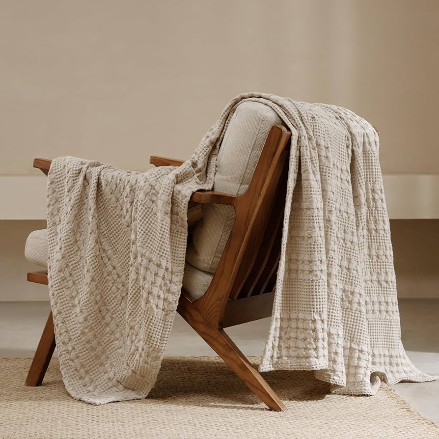 PHF 100% Cotton Waffle Weave Throw Blanket, Soft Lightweight Breathable Cozy Throws for Couch Bed Sofa, Luxury Aesthetic Woven Blanket for Home Decor & Office, 50"x60", Oatmeal