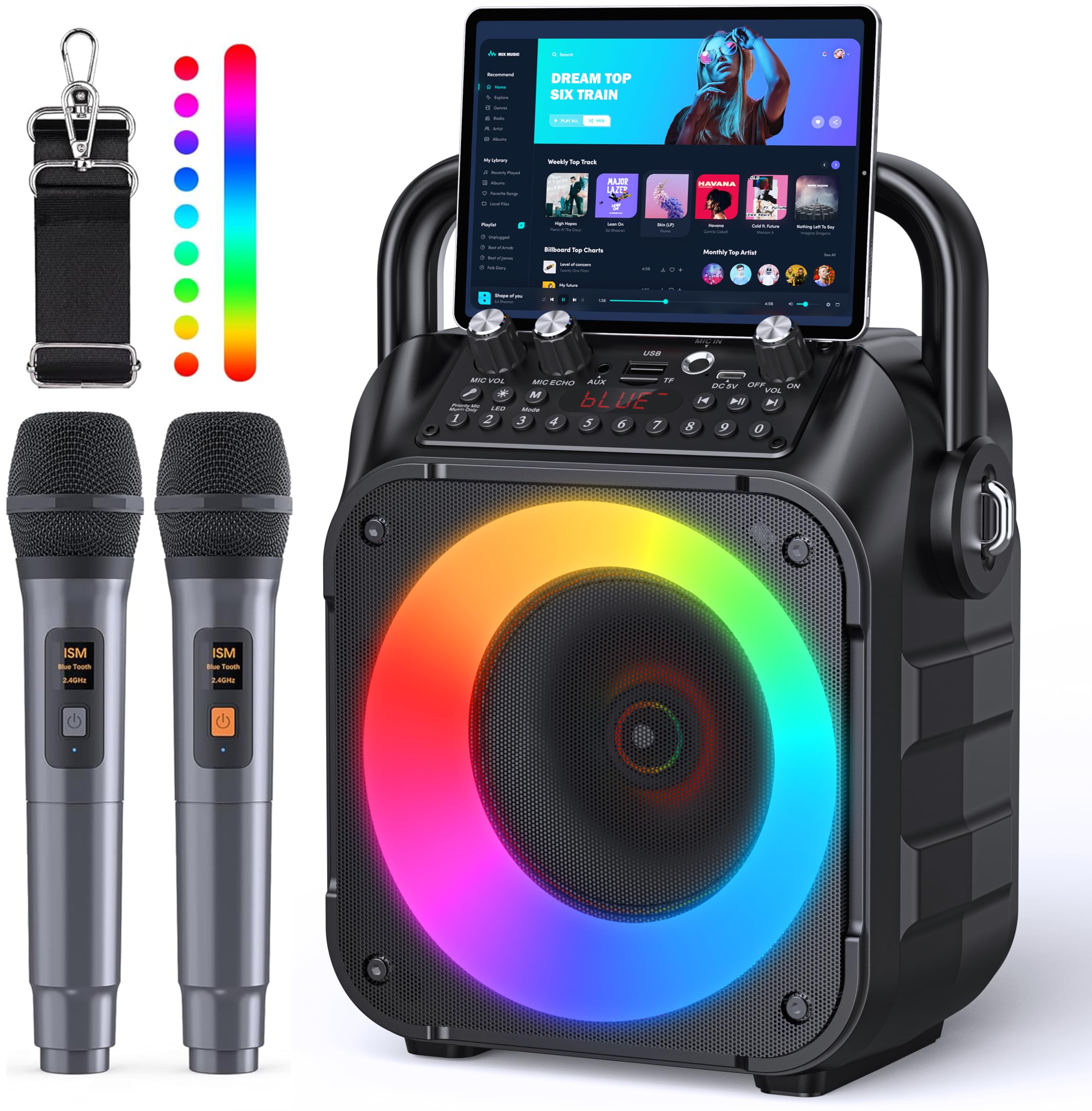 Karaoke Machine, Portable Bluetooth 5.3 Speaker with 2 Wireless Microphones for Adults, PA System with Pitch Correction & Echo Adjustment, Supports TWS/TF Card/USB/AUX/Live for Home Party