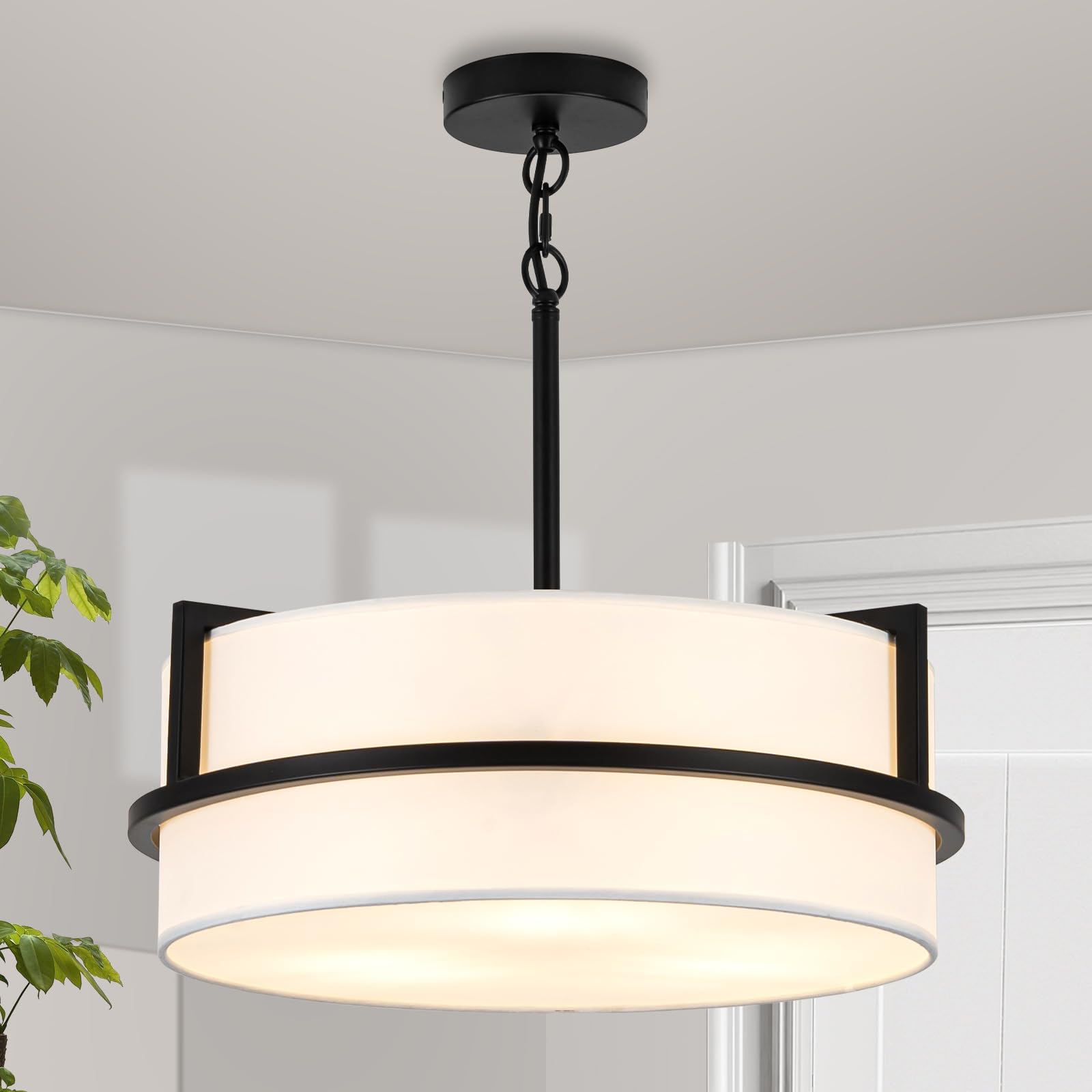 DWLGIGH Modern Drum Chandelier for Dining Room 3 Light,15.7" Wide White Linen Drum Shade Ceiling Light Fixture,Pendant Lighting with Adjustble Hang Height Chandelier for Kitchen Islands Living Bedroom