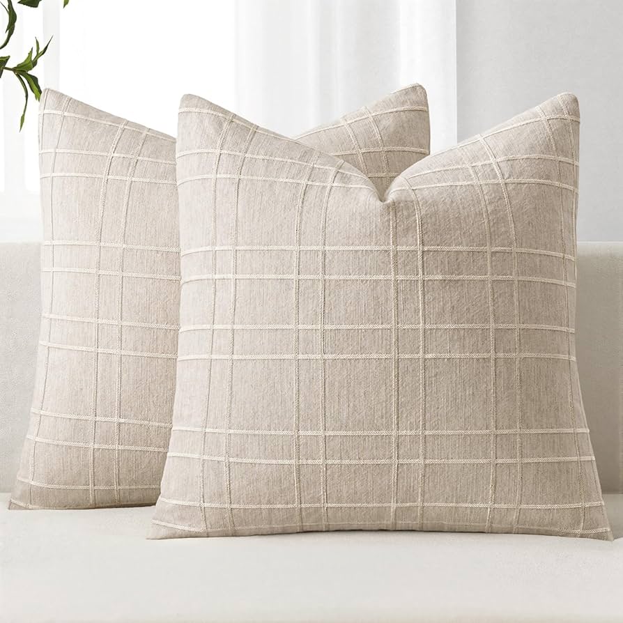 MIULEE Decorative Linen Check Euro Shams Throw Pillow Covers Neutral Farmhouse Vintage Christmas Pillow Covers 24x24 Set of 2 Boho Modern Home Decor for Sofa Couch Bedroom Cushion Natural Beige