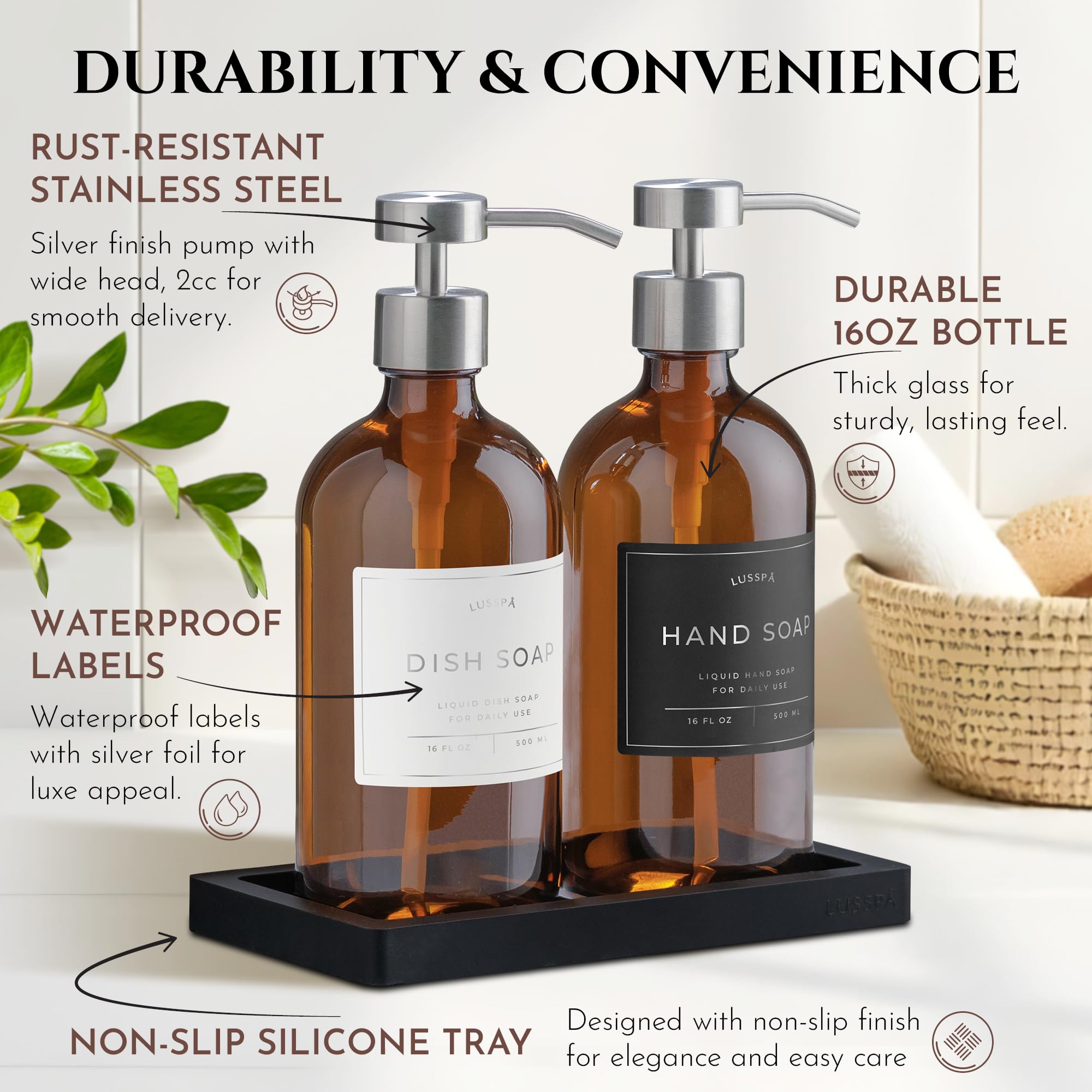 Lusspa Lotion, Hand & Dish Soap Dispenser for Kitchen Sink - Bathroom Soap Dispenser Set of 2 16.8 Oz Glass Bottles with Stainless Steel Pump, 15 Water Proof Labels & Silicon Tray (Black/Silver)