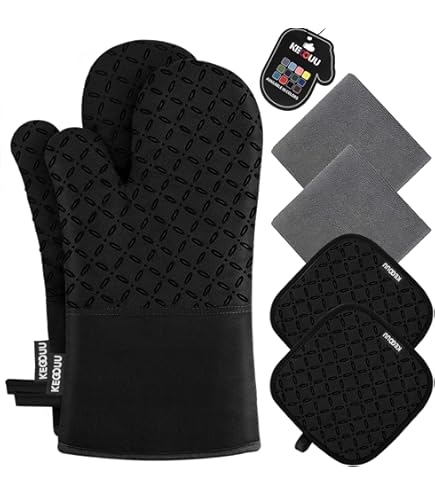 KEGOUU Oven Mitts and Pot Holders 6pcs Set, Kitchen Oven Glove High Heat Resistant 500 Degree Extra Long Oven Mitts and Potholder with Non-Slip Silicone Surface for Cooking (Black)