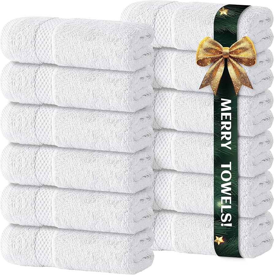 White Classic Luxury Cotton Washcloths 13x13 Inch - 650 GSM Turkish Cotton | Hotel, Spa, Bathroom Face Towel | 12 Pack