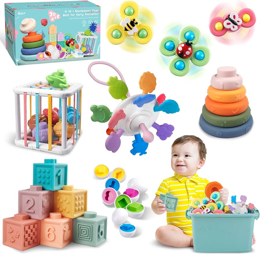 Weilim Baby Toys for 6 to 12 Months, Montessori Sensory Bins & Teething Toys, 6 in 1 Stacking Blocks, Rings, Eggs, Spinner, Crab Shape, 27 Pieces, Ages 6-36 Months