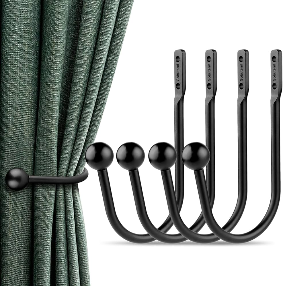 Drapery Holdback,Quality Metal Decorative Curtain Holdbacks with Zinc Alloy Cap Finials,Rust-Proof, Set of 2 Window Curtain Holdbacks,Matte Black