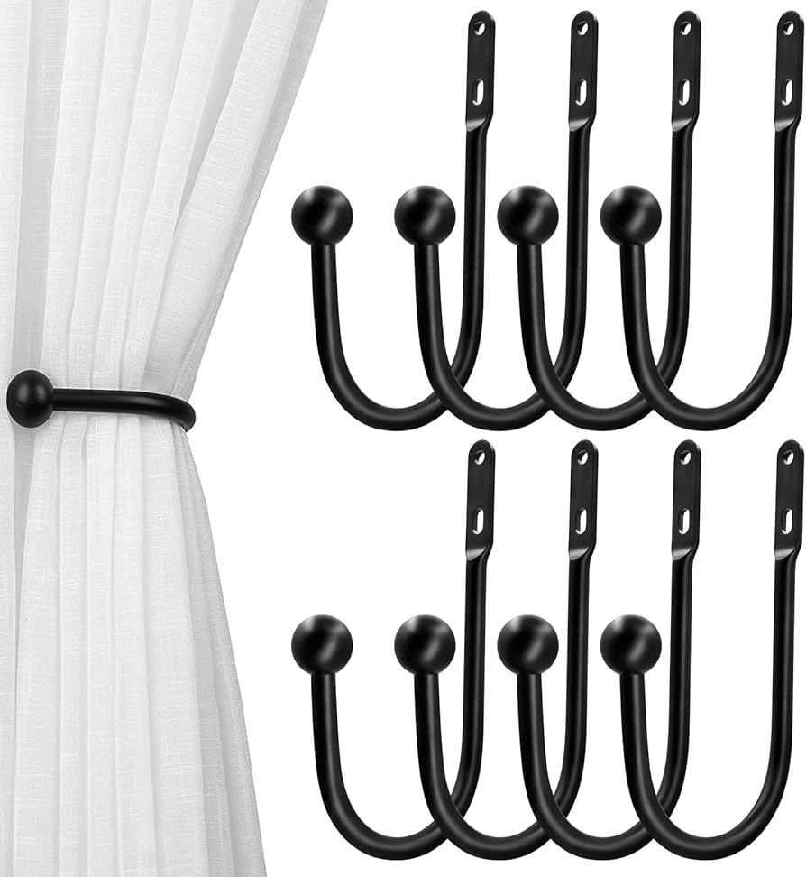 Drapery Holdback,Quality Metal Decorative Curtain Holdbacks with Zinc Alloy Cap Finials,Rust-Proof, Set of 2 Window Curtain Holdbacks,Matte Black