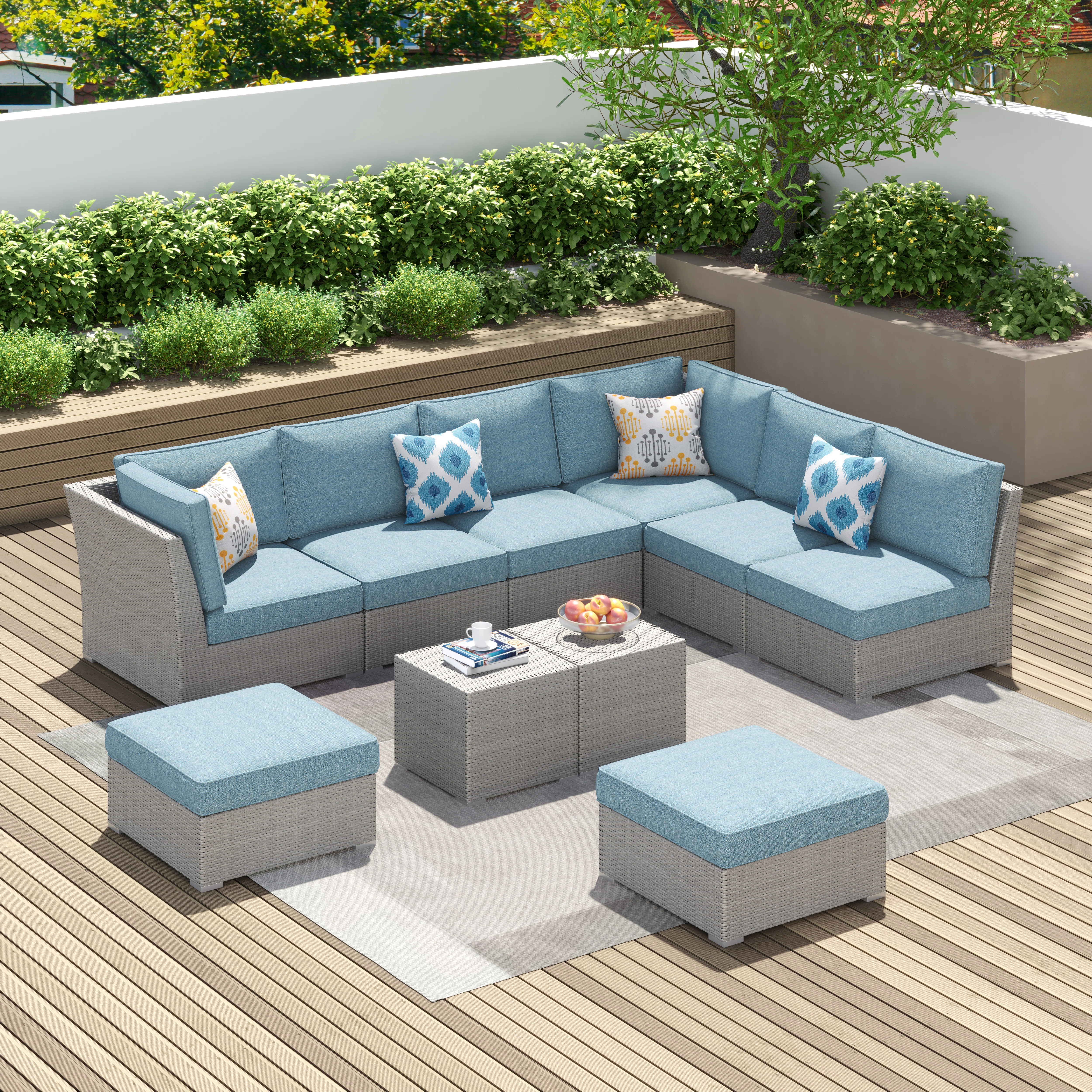 Baecher 8 - Person  Wicker / Rattan Outdoor Sectional Seating Group with Cushions & Pillows (Fully Assembled)