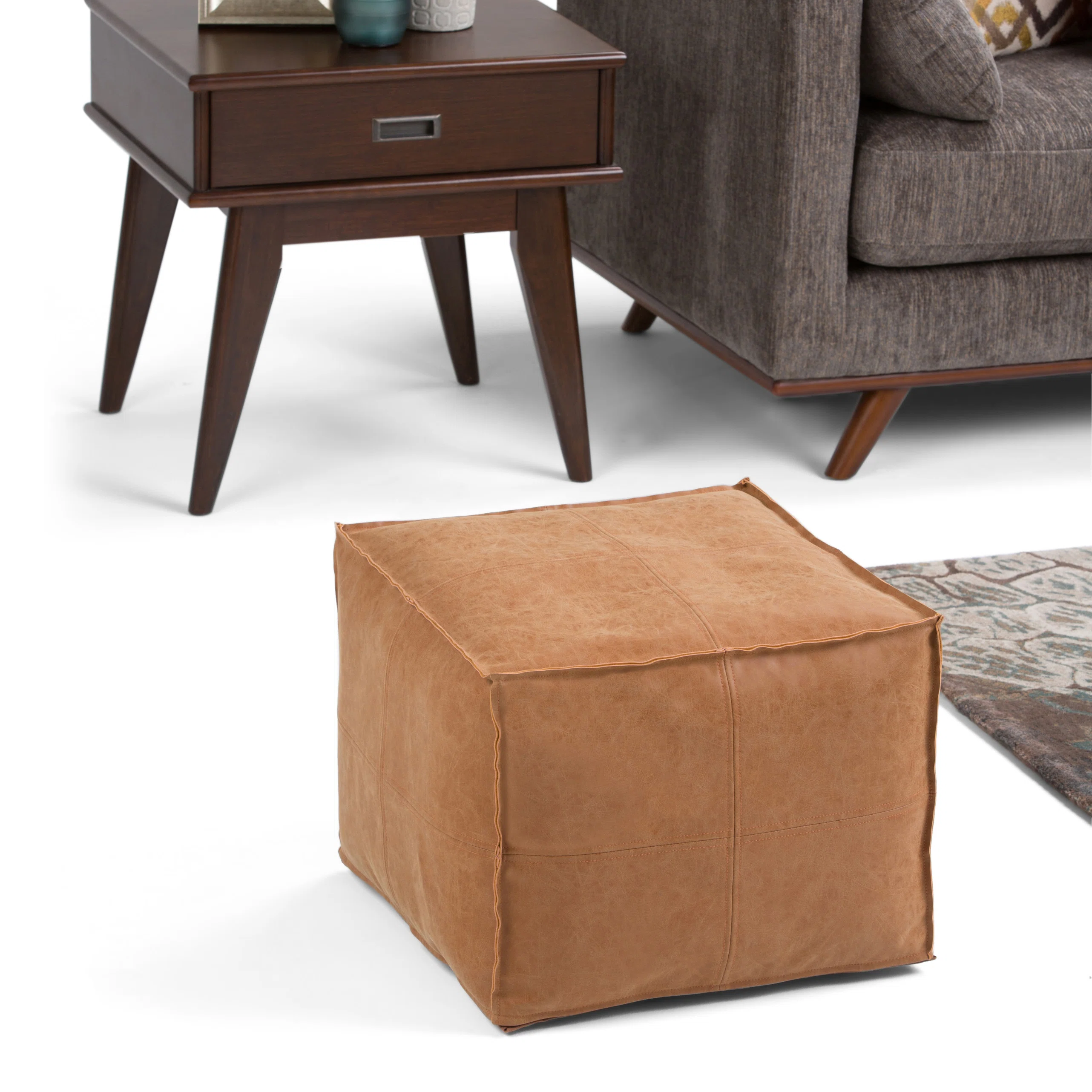 Brody 18" Wide Faux Leather Square Pouf Ottoman