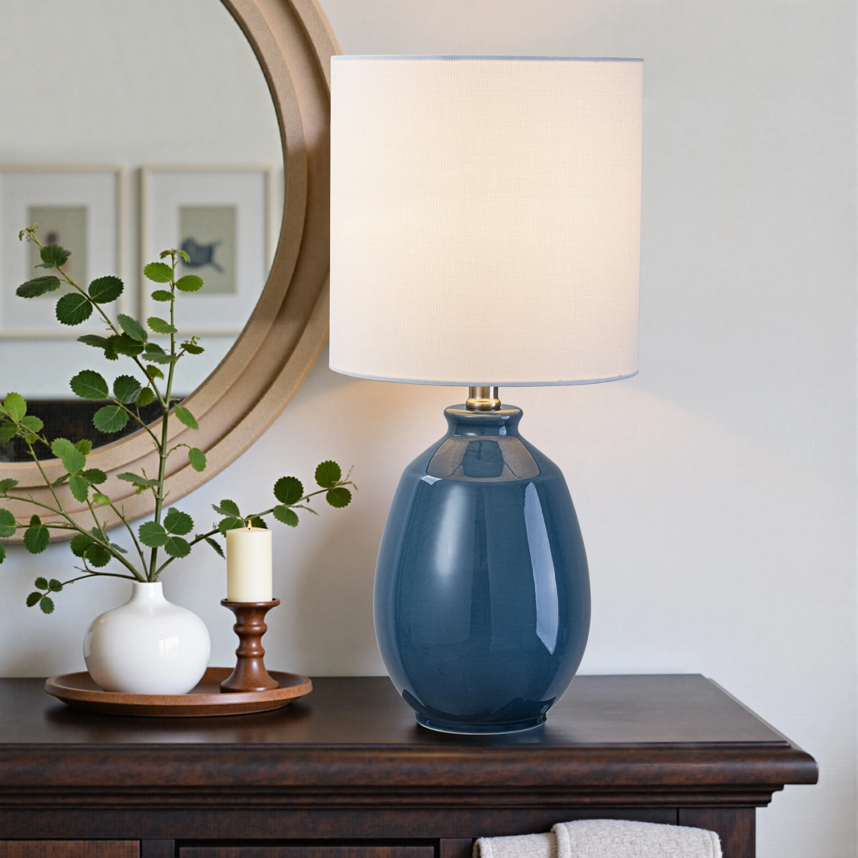 19in. Cobalt Blue Crackle Glaze Ceramic Table Lamp With White Linen Shade And Brushed Nickel Lamp Neck