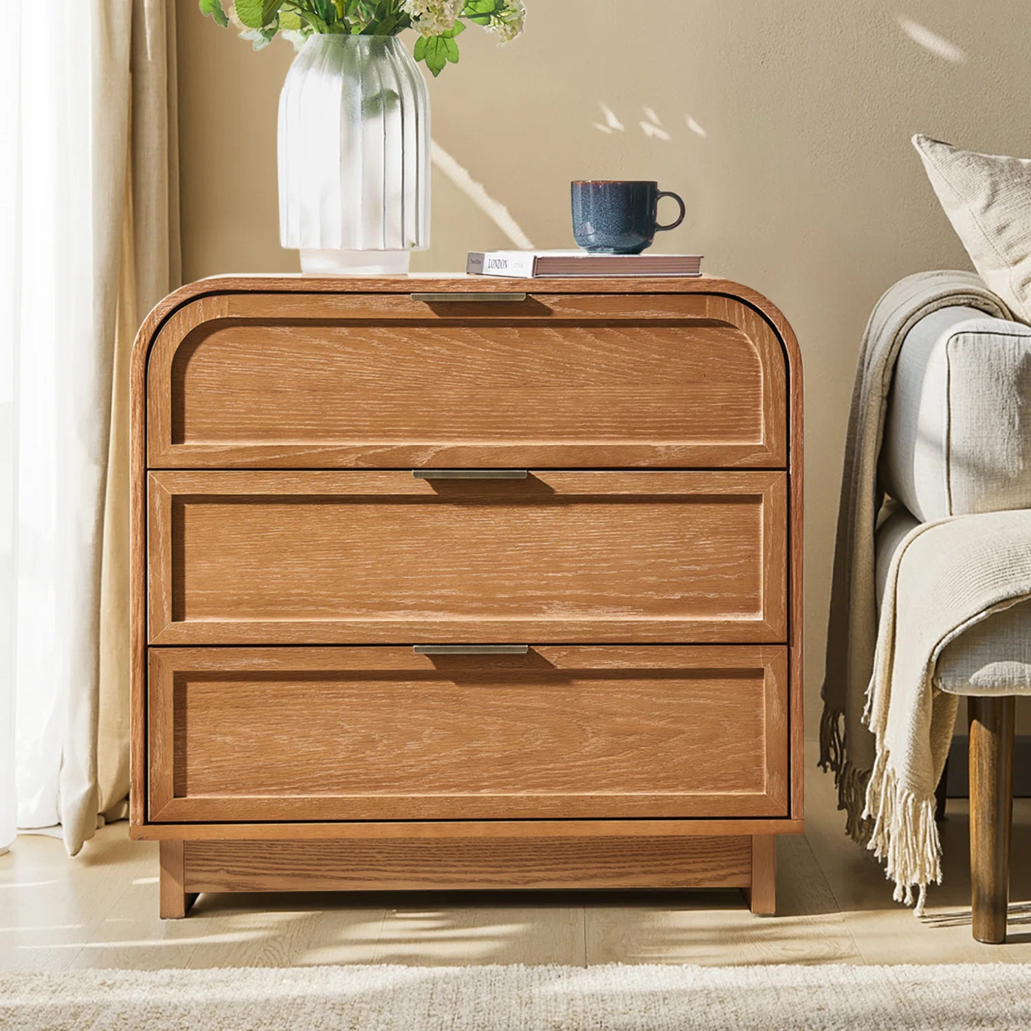 Yanick Modern 3-Drawer Arched End Table with Solid Wood Legs and Charging Station