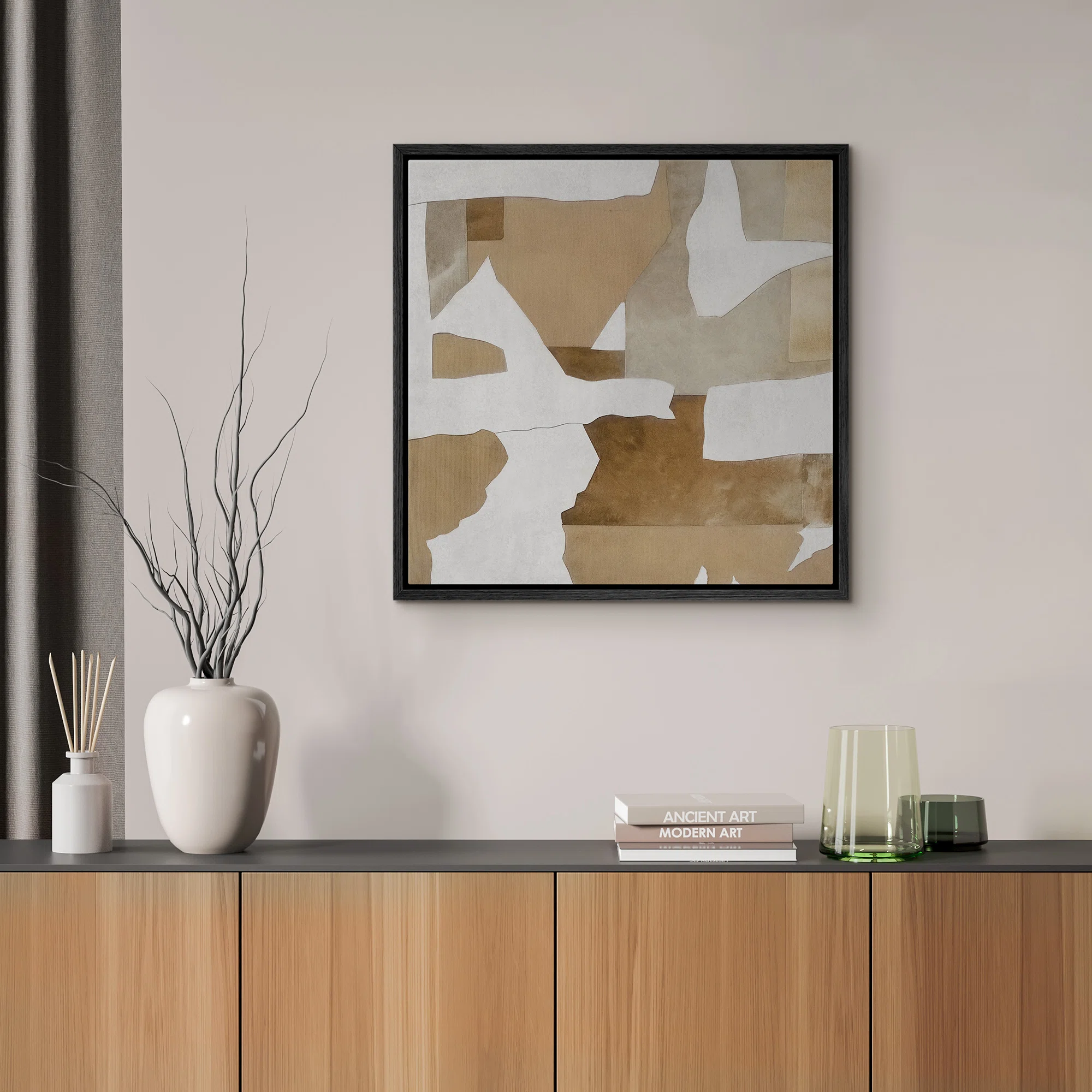 Muted Abstract Brown Paint Stroke Shapes Modern Rustic Framed Bedroom Wall Decorations Canvas Print