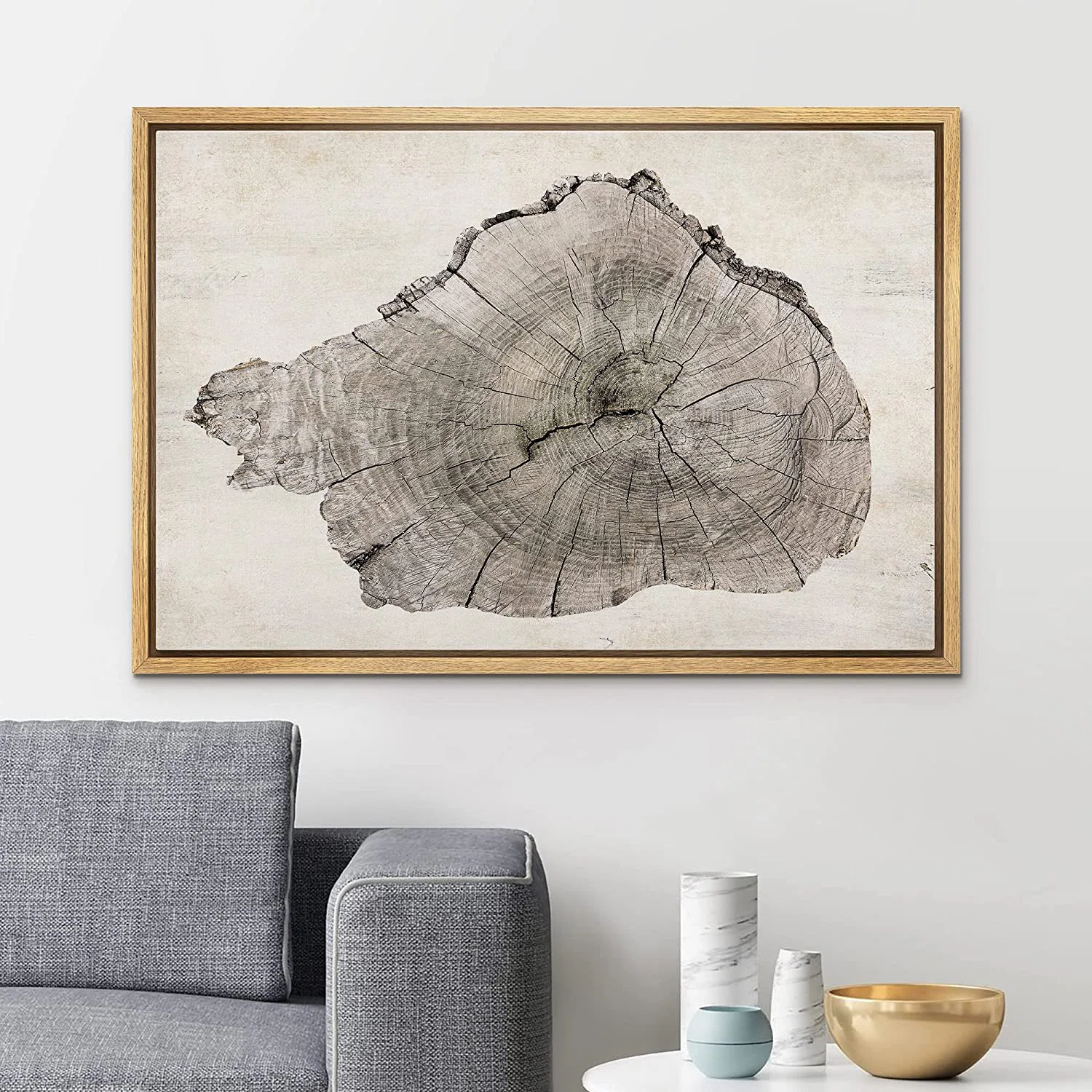 Wood Tree Ring Log Neutral Farmhouse Cabin Cottage Eathy Decor - Framed Canvas Print Wall Art Work