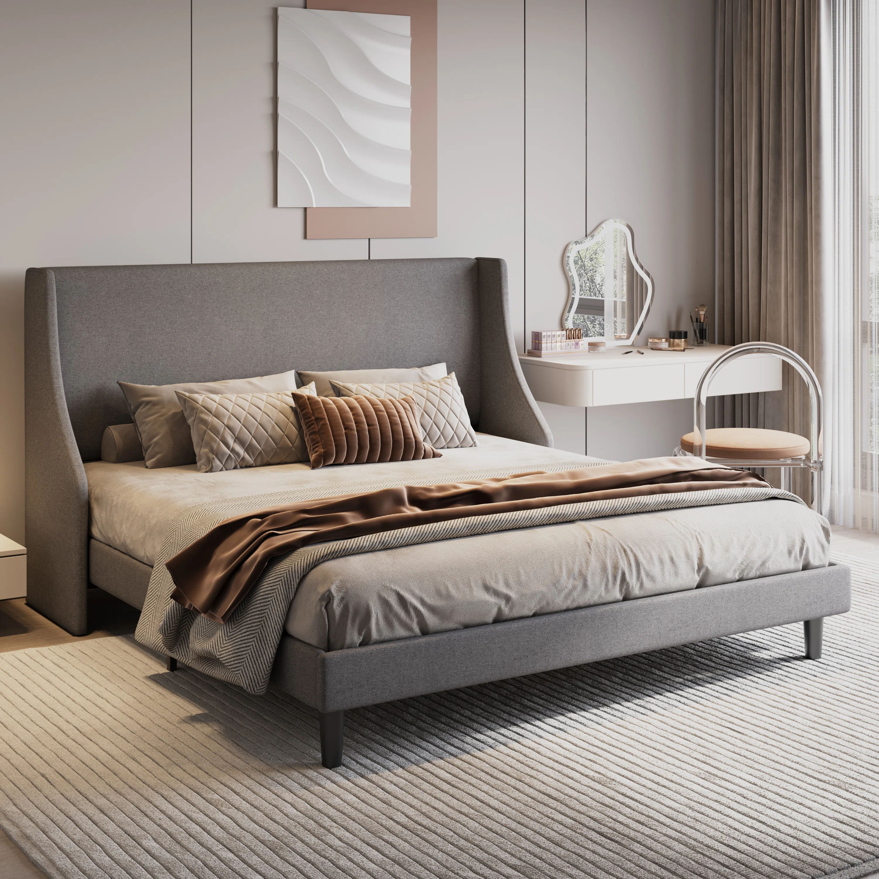 Toderick Upholstered Platform Bed with Deluxe Wingback and Linen Blend
