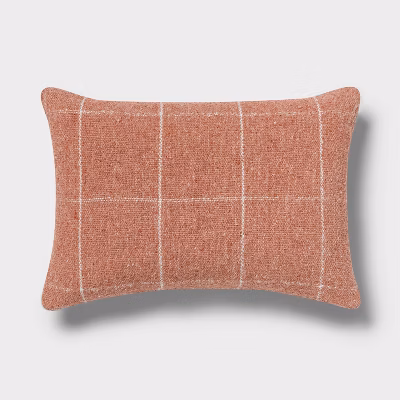Windowpane Woven Decorative Pillow Oblong Light Terracotta Pink - Threshold™: Rectangle Accent Cushion For Sofa, Polyester-rayon Blend