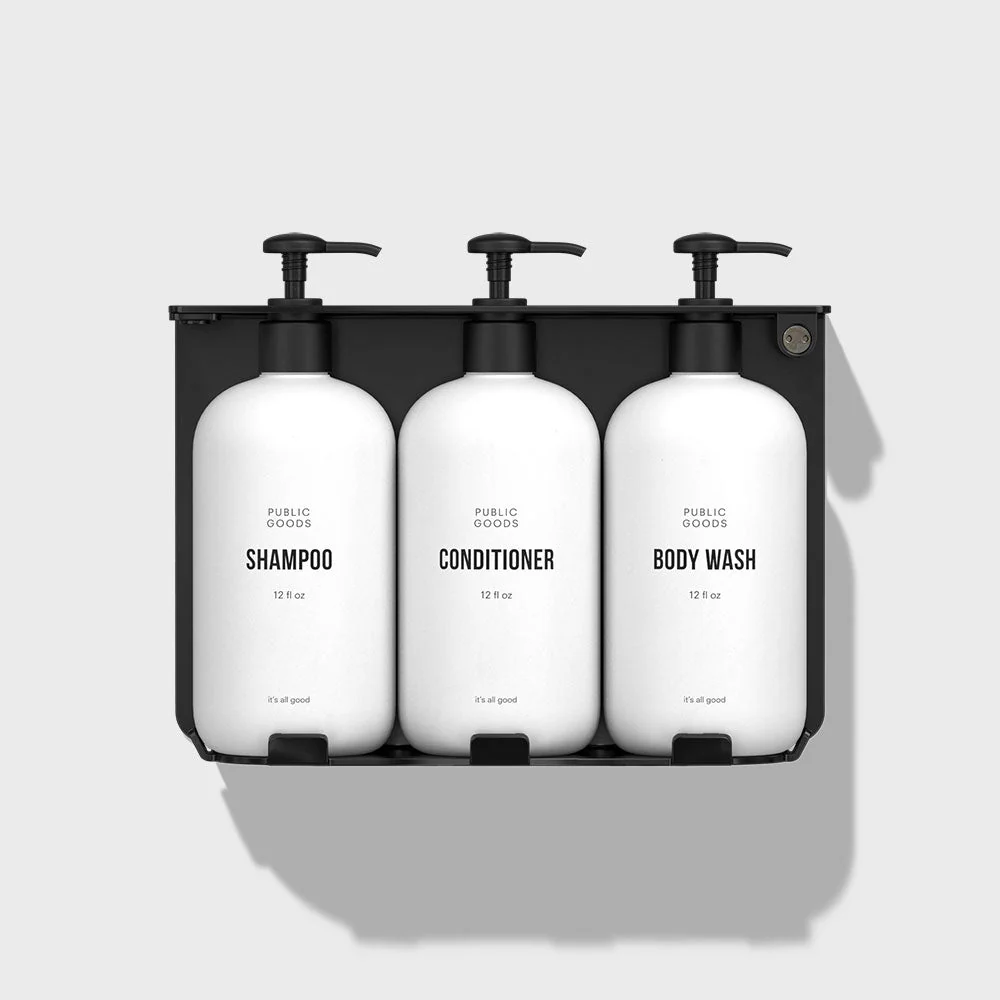 Locking Triple Wall-Mount Bottle Holder with Shampoo, Conditioner & Body Wash Bottles