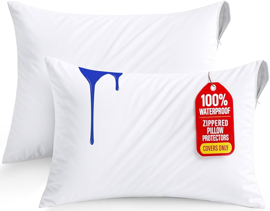 Waterproof Pillow Protectors with Zipper Standard Size (White), Ultra Soft Pillow Covers, Bed Bug and Dust Mite Proof Pillow Encasements, Moisture Wicking Pillow Cases
