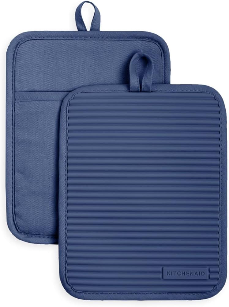 KitchenAid Ribbed Soft Silicone Pot Holder 2-Pack Set, Ink Blue