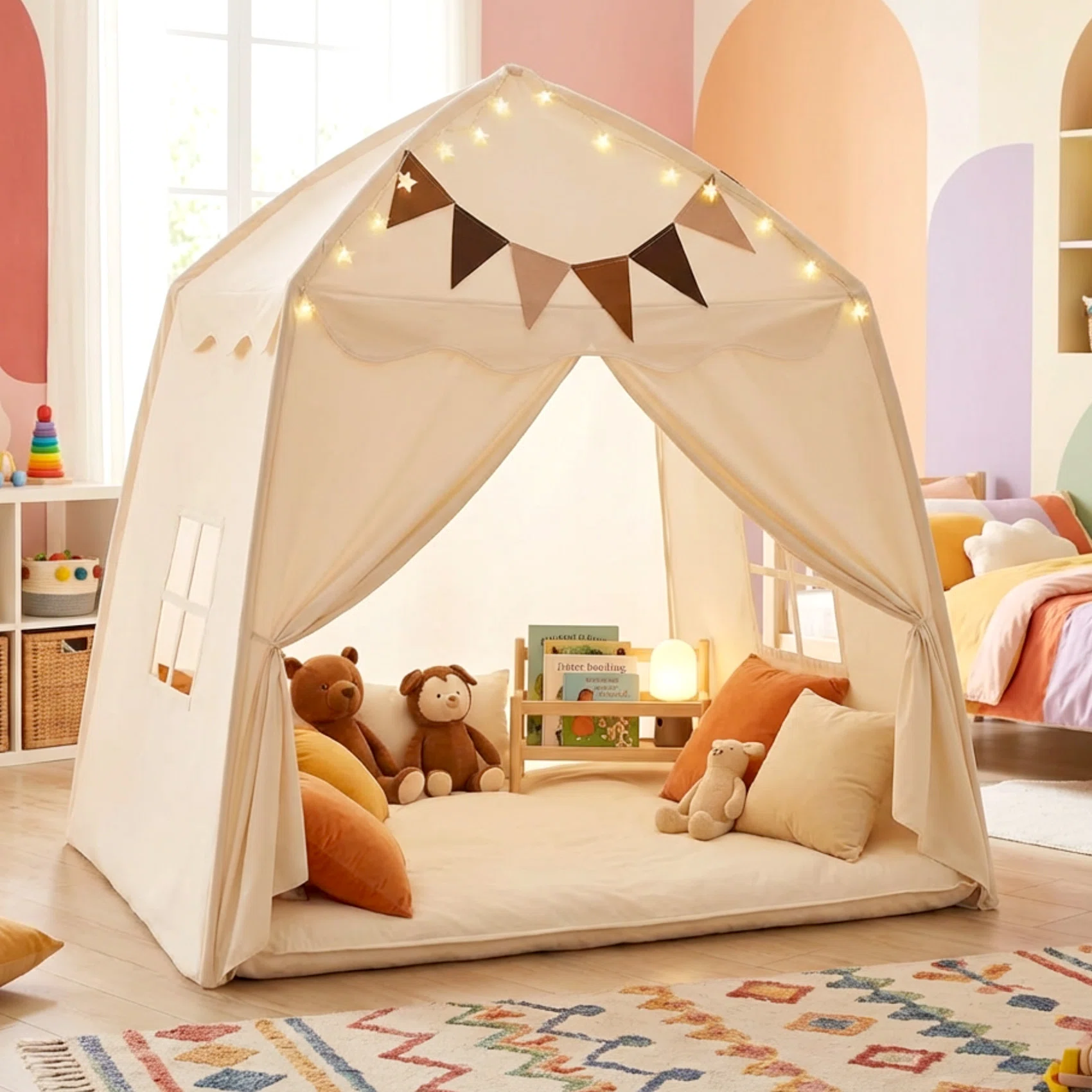 Kids Indoor/Outdoor Dome Play Tent with Flags & Star Lights – Foldable Playhouse for Boys & Girls