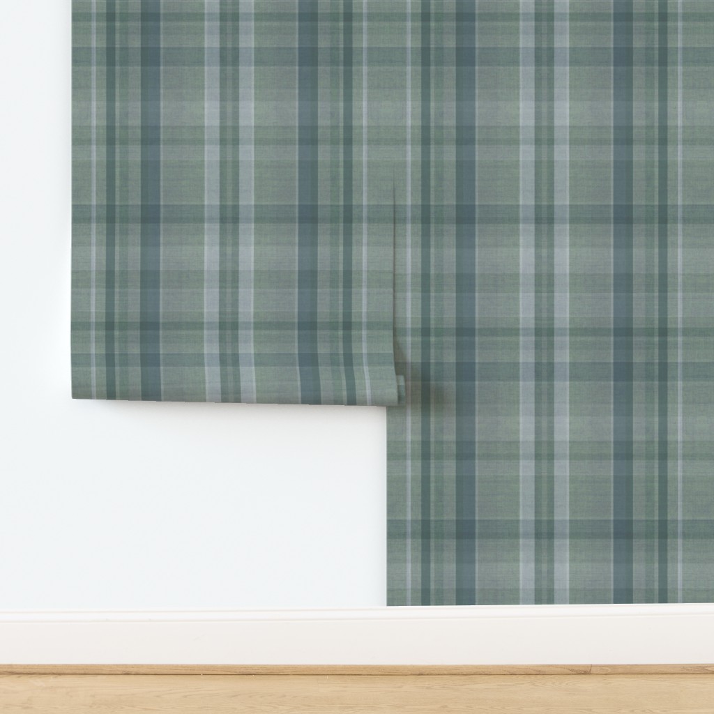Cabincore Cozy Plaid - Winter Hygge Grasscloth Textured - Dark Bluish Green Wallpaper | Spoonflower