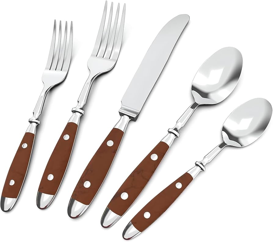 Vintage Flatware Set, Stainless Steel Cutlery Set with Wood Grain Bakelite Handle,Dishwasher Safe, Light Brown Color