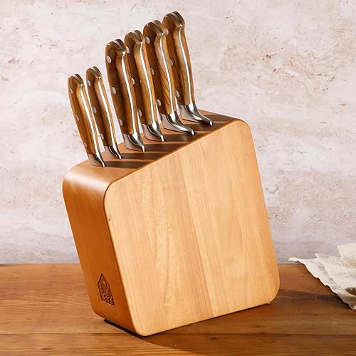 Italian Olive Wood Kitchen Knife Block Set w/German Forged Stainless Steel Knives