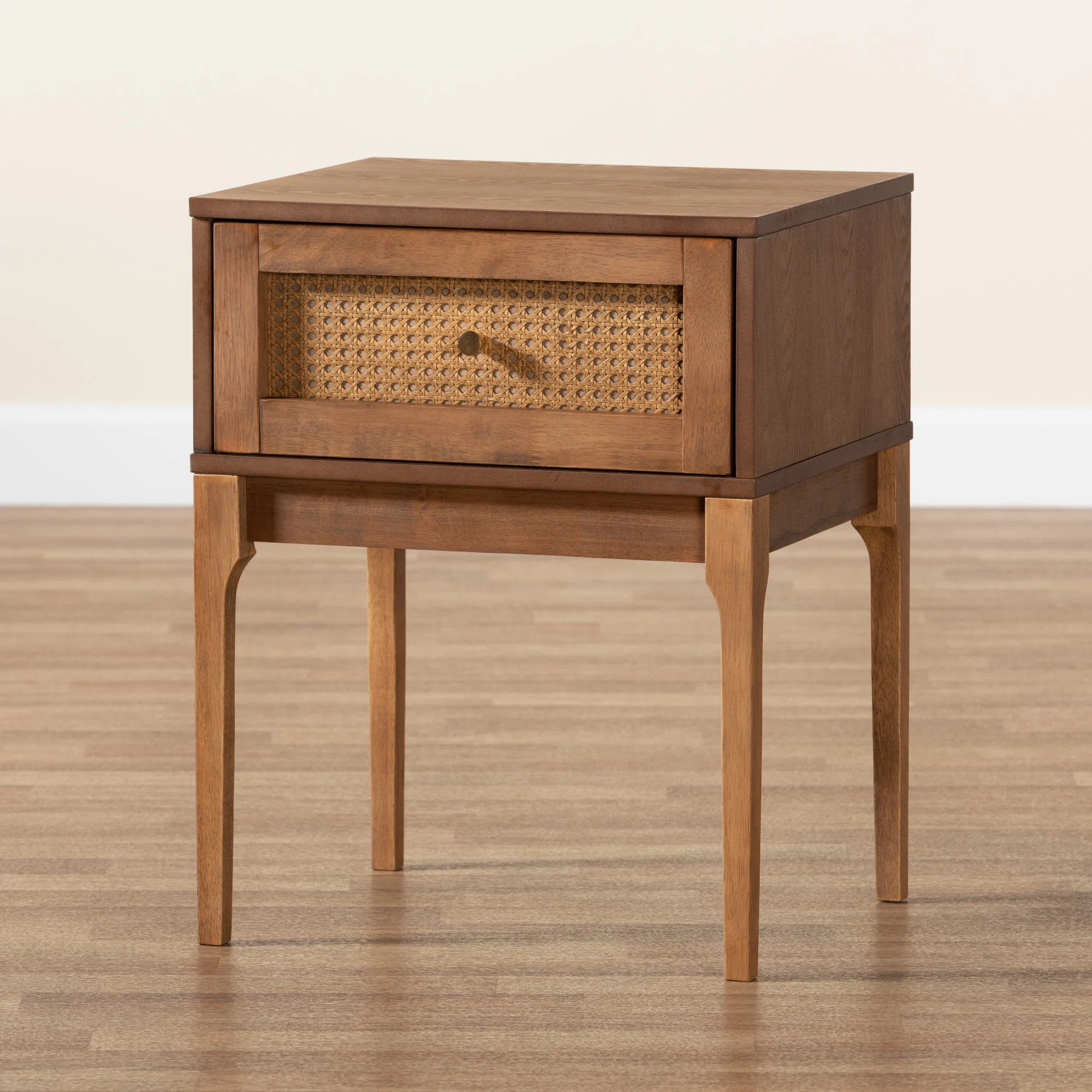 Bianaca Ramiel Mid-Century Modern Ash Wood and Rattan 1-Drawer Nightstand