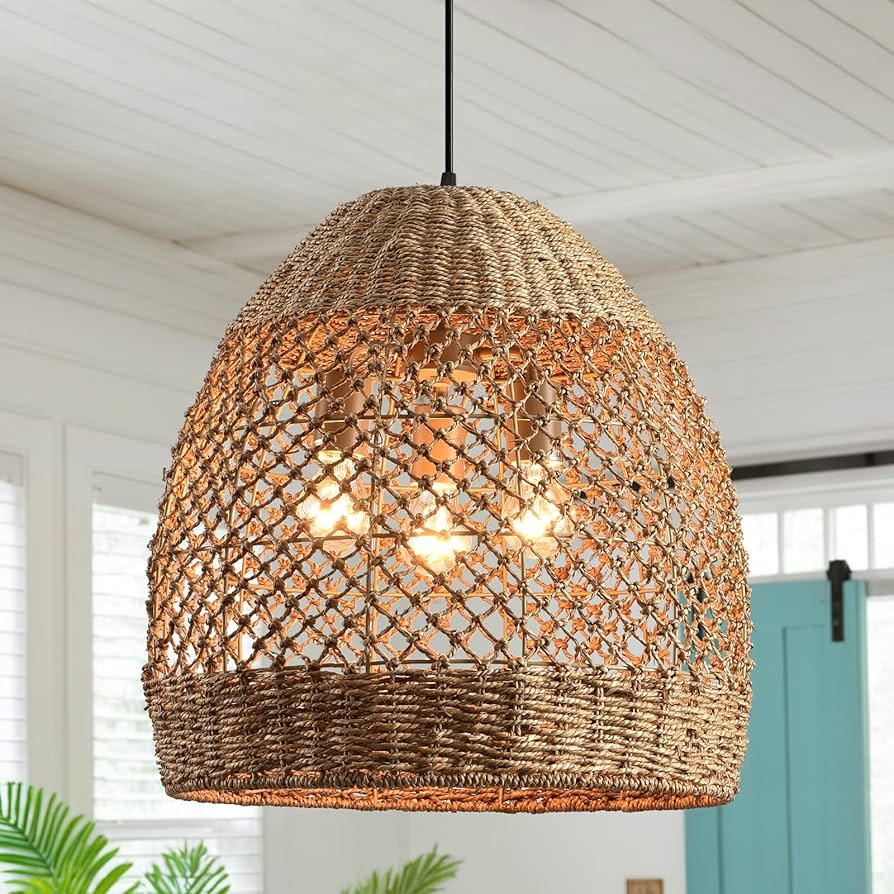LHJIHFU 19.7" Large Rattan Pendant Light Fixture,3-Light Boho Wicker Ceiling Hanging Kitchen Island Hand Woven Chandelier of Farmhouse Living Room Dining Room Hallway