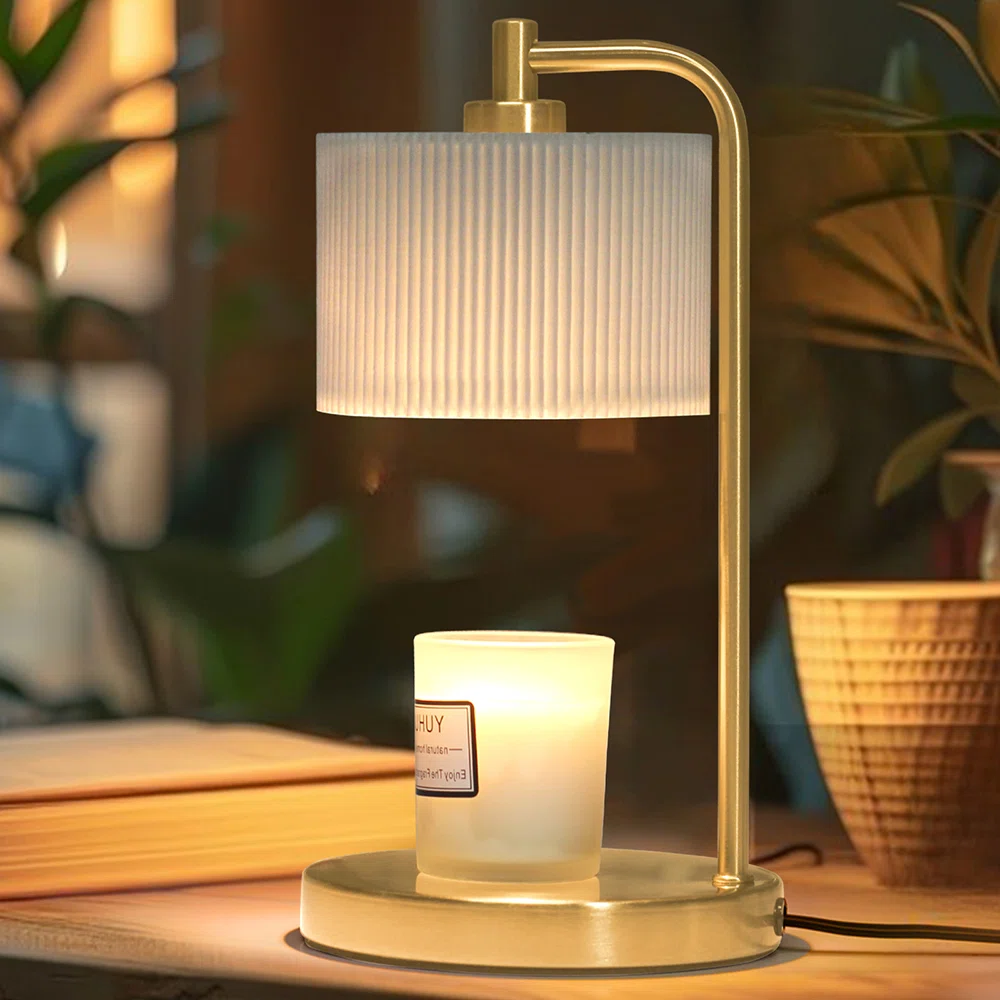 Candle Warmer Lamp with Timer, Dimmable Candle Wax Warmer Candle Lamp with two Bulbs, White Fabric Shade