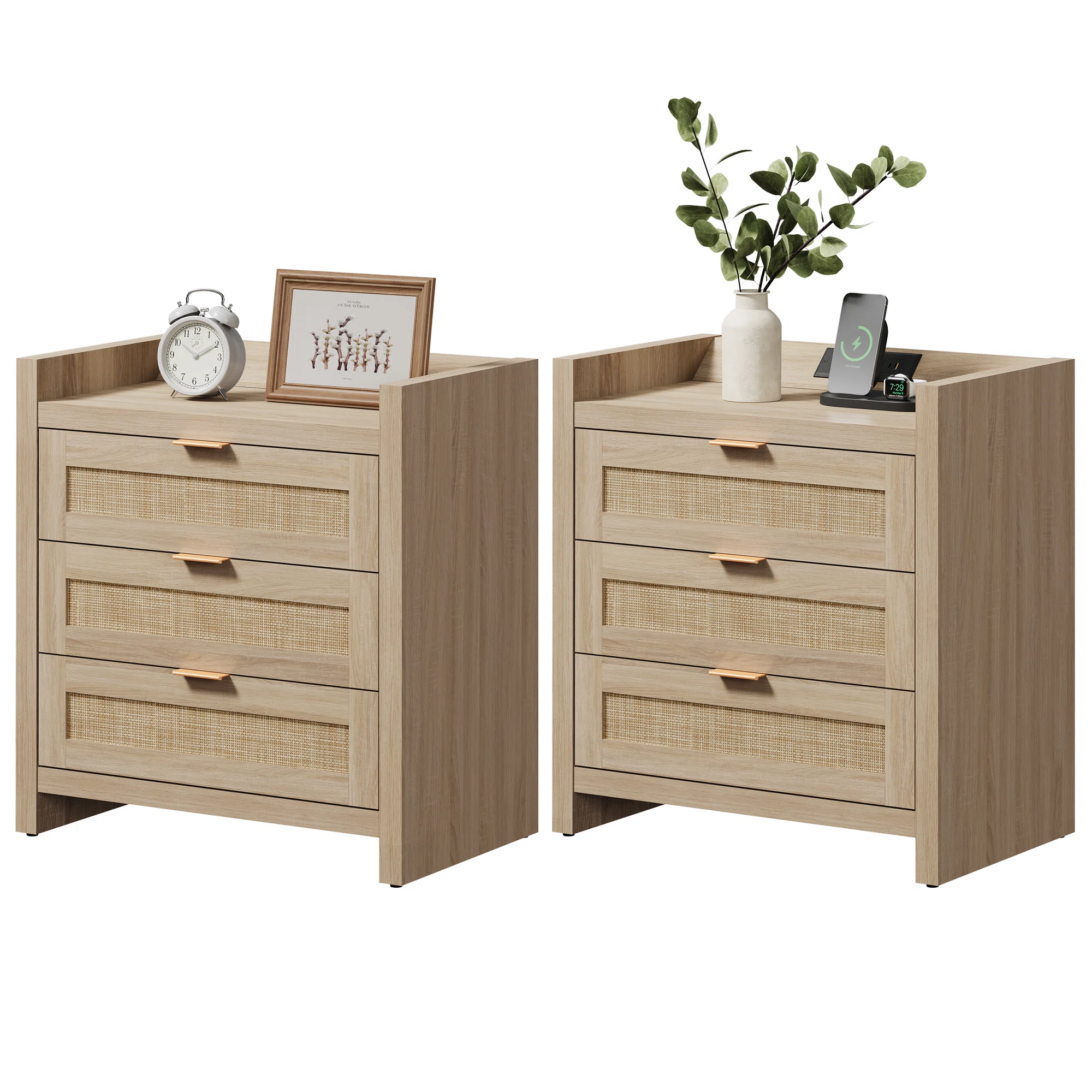 Ashvir Rattan 3-Drawer Nightstand With Built-In Outlets