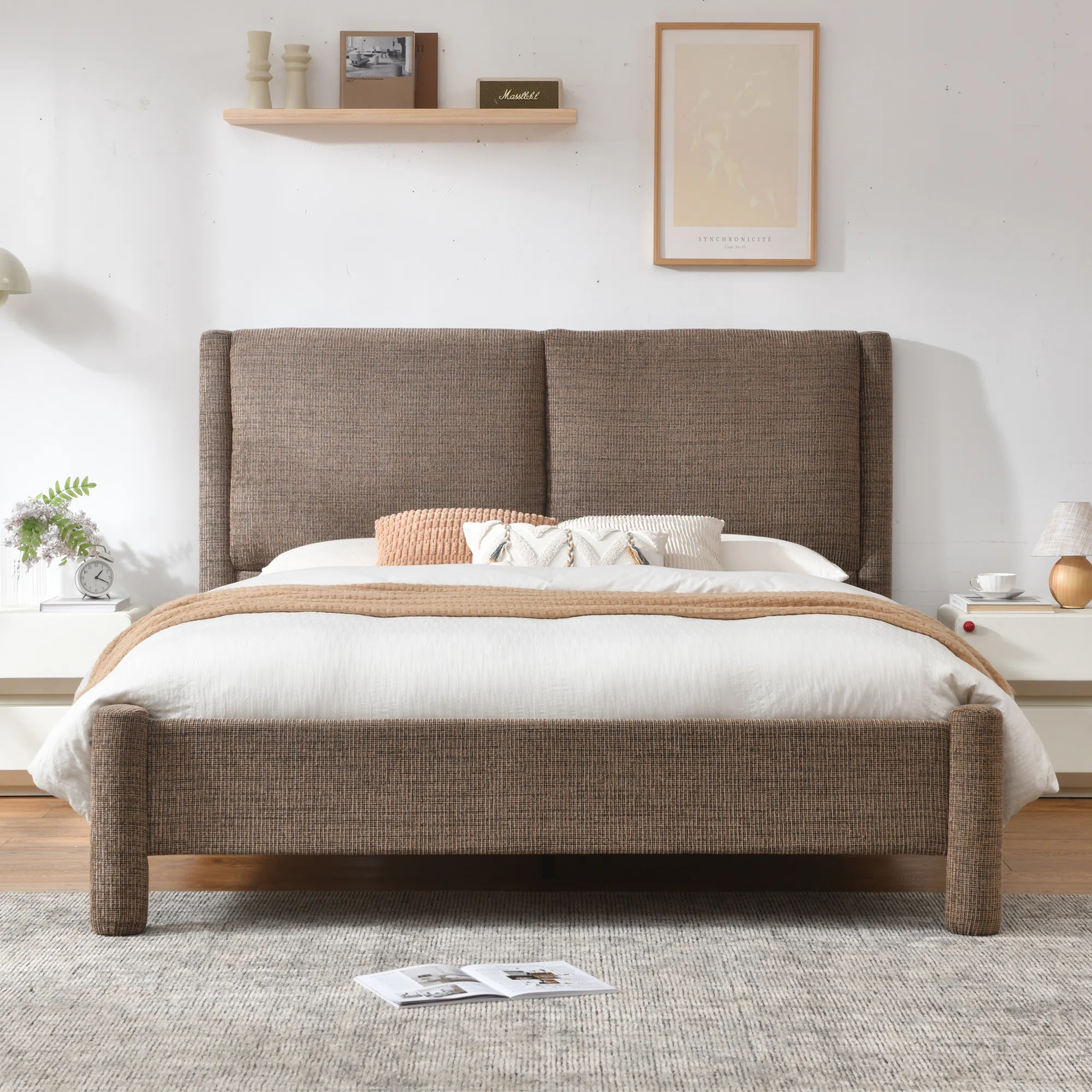 Upholstered Platform Bed With Soft Cylindrical Design