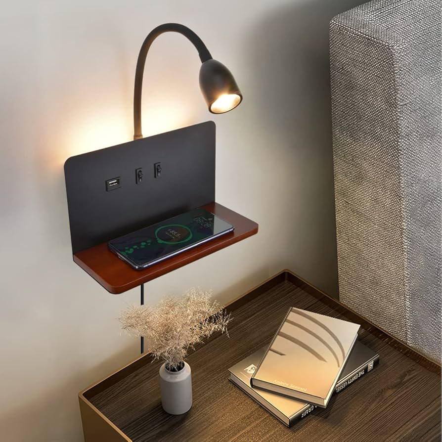 Bedside Wall Sconces with Wireless Charging Station & USB Charging, 3 Adjustable Color Temperatures LED Reading Lamp, 3000K Warm Ambient Lighting Wall Mounted Sconce for Bedroom, Plug-in or Hardwired
