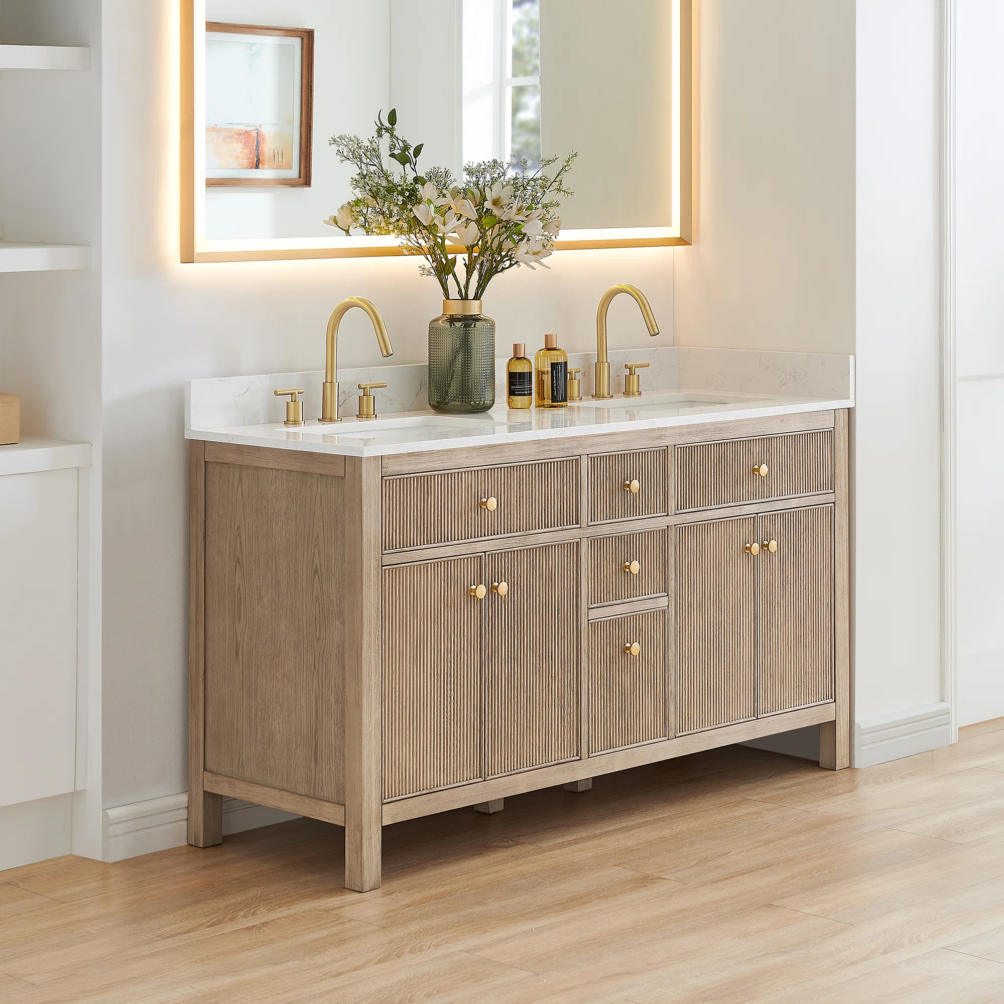 Lala 60" Double Bathroom Vanity with Grain White Engineered Stone Countertop without Mirror