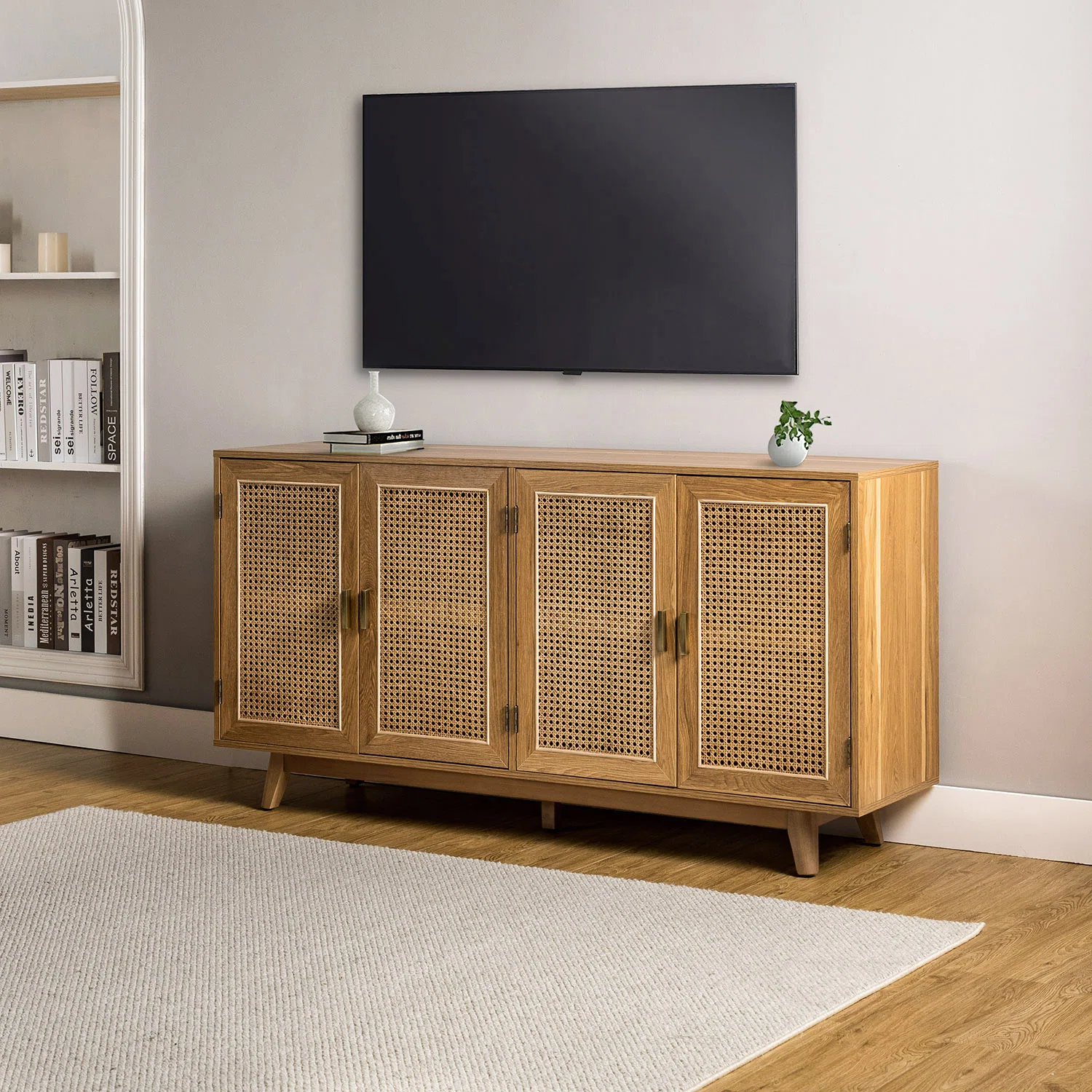 Emily 56.8''Rattan Cane TV Stand with Solid Legs for TVs up to 65''