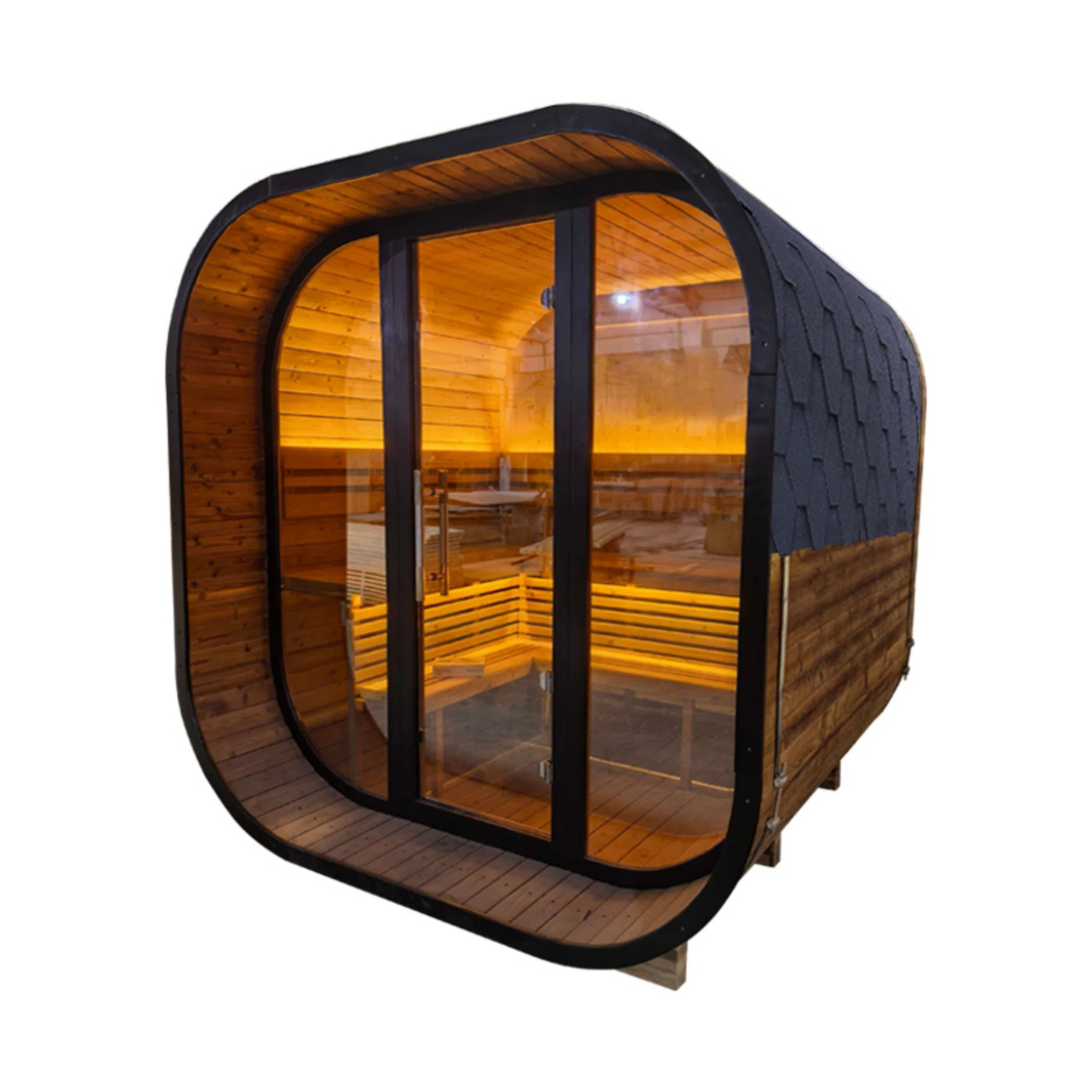 Helius 4-6 Person Outdoor Traditional Steam Sauna – Patchwork Construction, Tinted Glass & Weather-Resistant Roof For Backyard Wellness