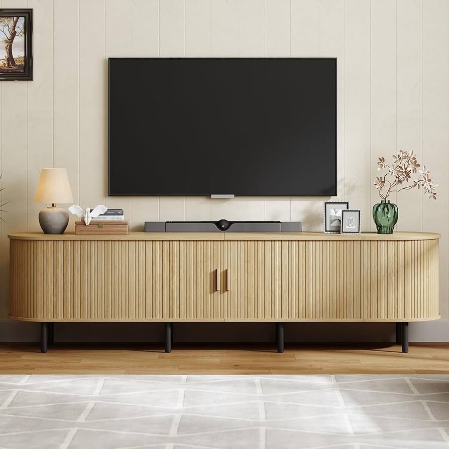 DHH 70.8 Inch Mid Century Modern TV Stand with Power Outlet for TVs up to 80 Inch, Entertainment Center with Storage and Adjustable Shelves, Media Console with Sliding Doors for Living Room(Yellow)