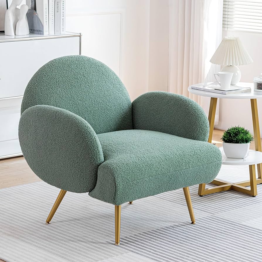 AISALL Accent Chair Green with Golden Metal Legs,Reading Chair for Bedroom Comfy, Boucle Sherpa Chair for Living Room, Bedroom