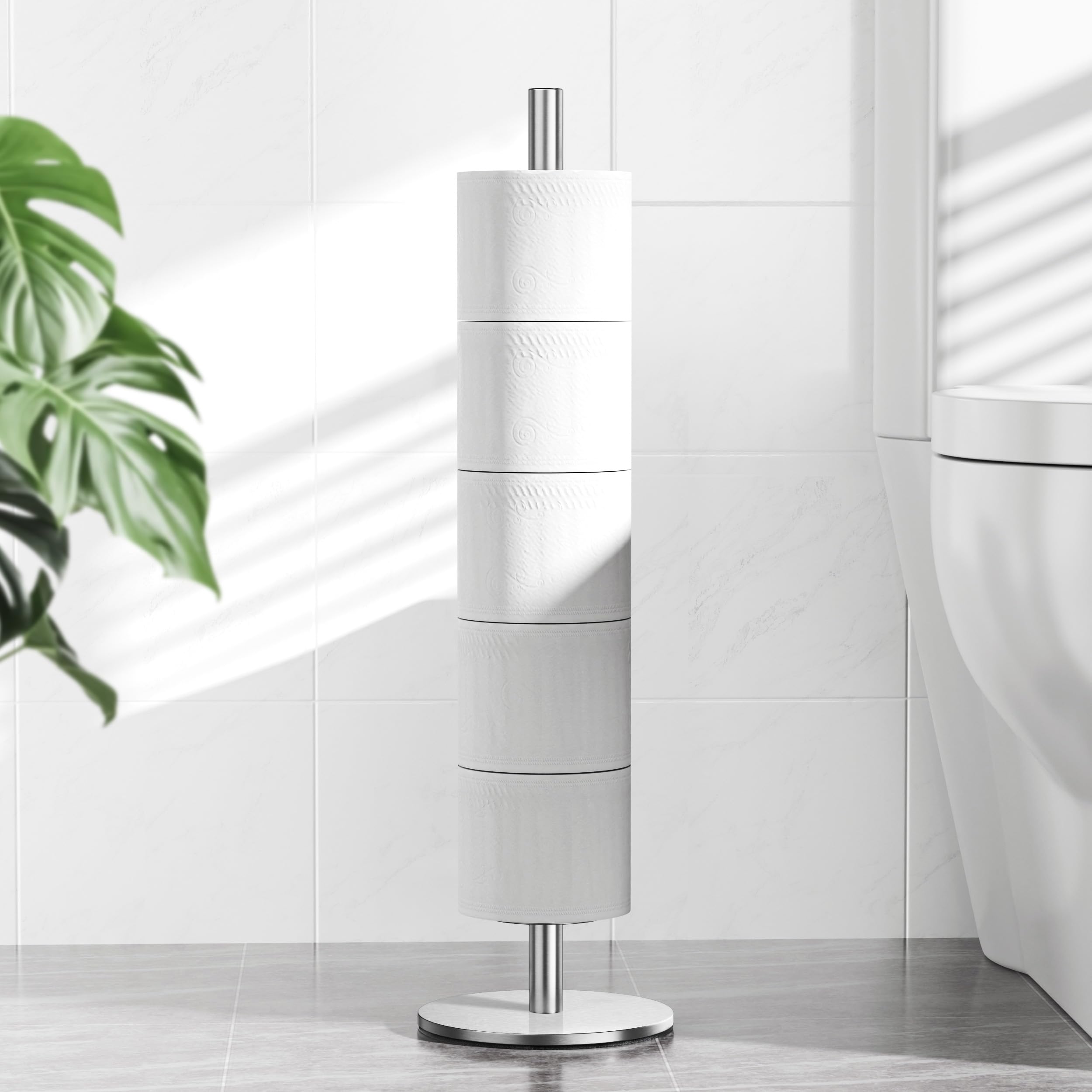Toilet Paper Holder Stand Holding Up to 5 Paper Rolls, Free-Standing Spare Rolls Storage Holder, Stainless Steel (Brushed Gold)