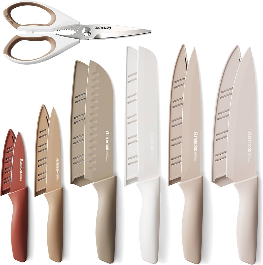 Astercook Knife Set, 13 Pieces Kitchen Knives Set with Ceramic Coating, Stainless Steel Chef Knife Sets with 6 Blade Guards, Dishwasher Safe Knives with Wooden Handle, White
