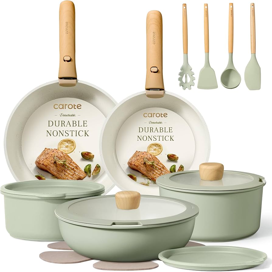 CAROTE 19pcs Pots and Pans Non Stick, Cookware Sets Detachable Handle, Induction Kitchen Pots and Pans,NonStick Cooking Set, Oven/Dishwasher/Fridge Safe, Space Saving