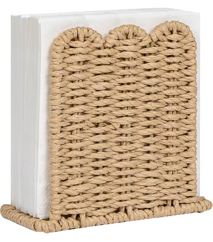 CubesLand Scalloped Edge Napkin Holder for Table Home Rustic Room Decor, Paper Rope Napkin Dispenser for Kitchen Countertop Dining Hotel, Cocktail Napkin Holder for Indoor & Outdoor Party, Beige