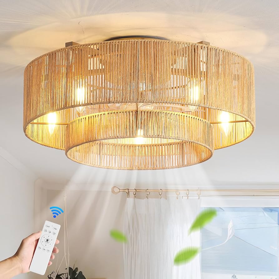20'' Boho Rattan Ceiling Fan with Light, Coastal Caged Ceiling Fans with Lights and Remote Control, Enclosed Hidden Flush Mount with Reversible 6 Speeds for Living Room Bedroom Nursery